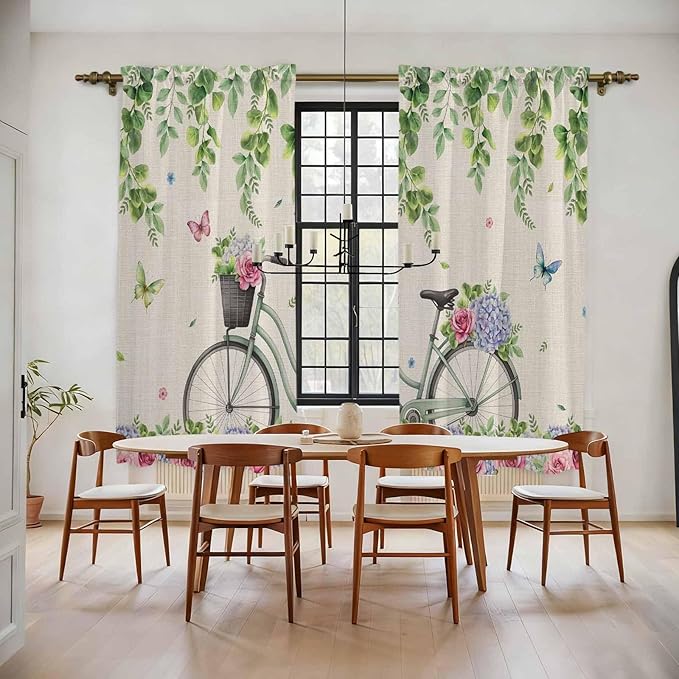 Farmhouse Spring Kitchen Curtains, Retro Bicycles Flowers Vines Butterfly Light - Image 2