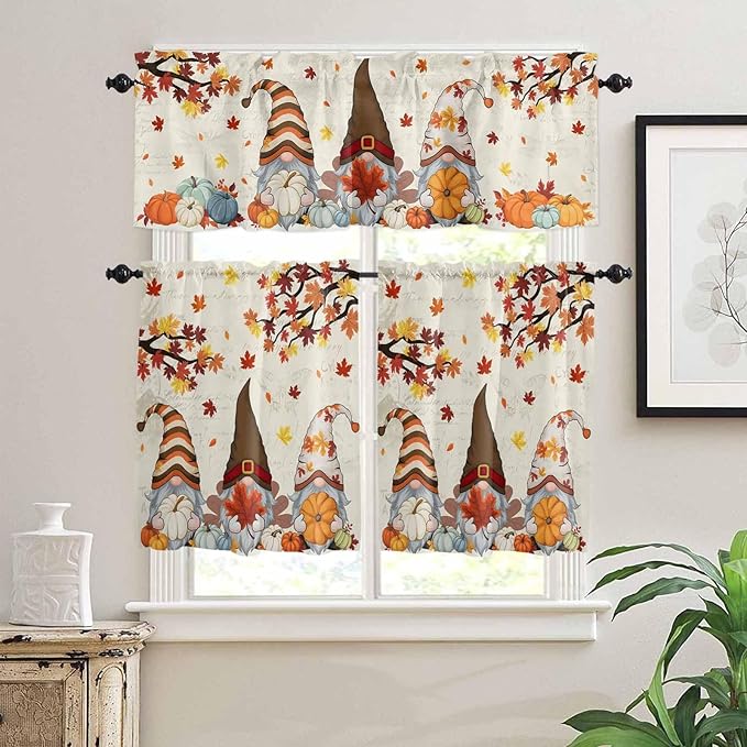 Fall Kitchen Curtain Set, Thanksgiving Gnomes Maple Leaf Pumpkin Beige Window - Image 2