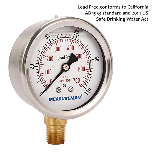 MEASUREMAN Lead-Free Pressure Gauge, 2-1/2inch Dial, Glycerin Filled, - Image 4