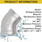 45 Degree Elbow 2PCS, 3/4" NPT Female x 3/4" NPT Female 304 Stainless Steel - Image 4
