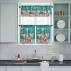 Spring Flowers Kitchen Curtain Set, Farmhouse Watercolor Teal Wood Grain Window - Image 9