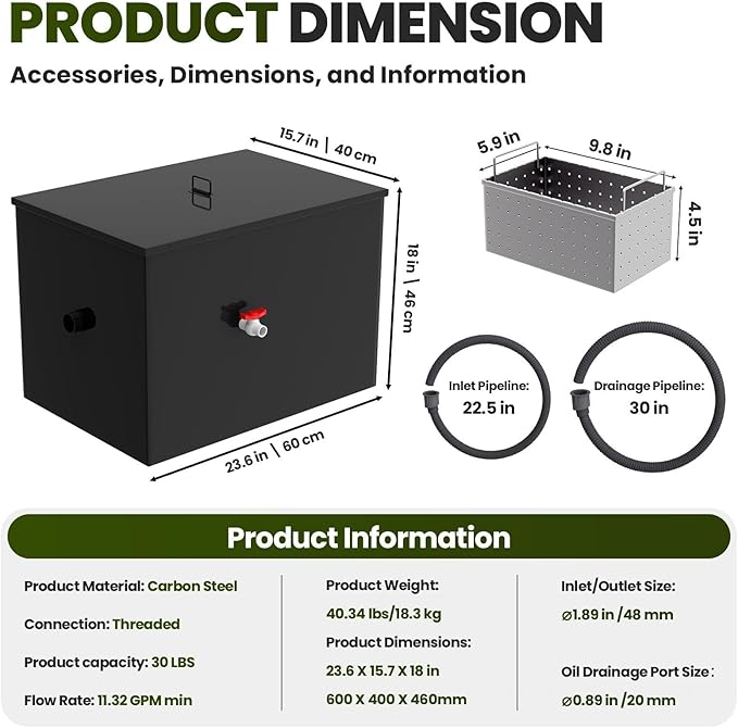 Grease Interceptor, 23.6" × 15.7" × 18" Grease Trap, 30 LBS Commercial Grease - Image 4