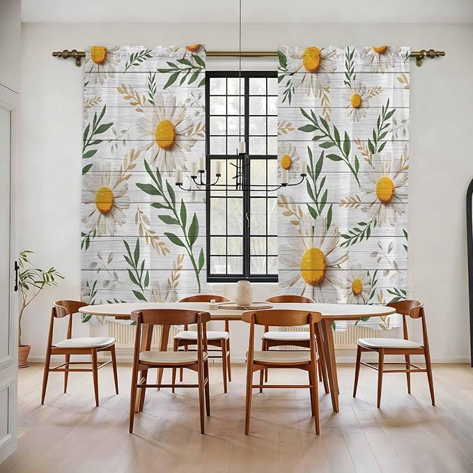 Spring Daisy Kitchen Curtains, Farmhouse Country Flower Leaf Plant Wood Grain - Image 2