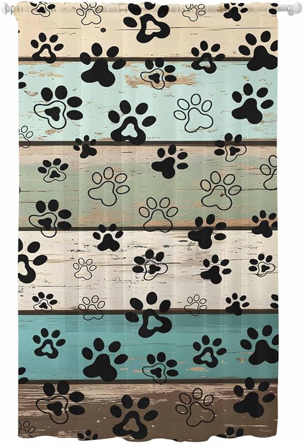 Sheer Curtains 96 Inches Long, Sage Green Brown Paw Prints Semi Sheer Curtains by Unknown