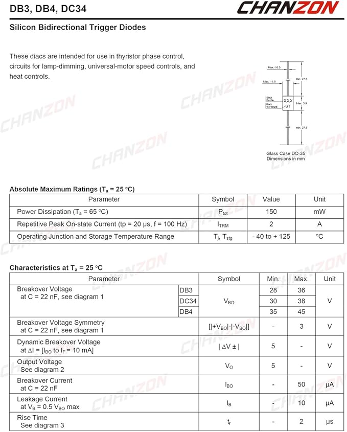 Chanzon DB3 DIAC Bidirectional Trigger Diode 2A 32V 150mW DO-35 DB-3 Axial - Image 2