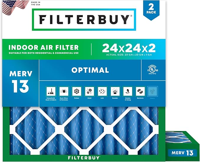 Filterbuy 24x24x2 Air Filter MERV 13 Optimal Smoke & Allergy Defense, by Filterbuy