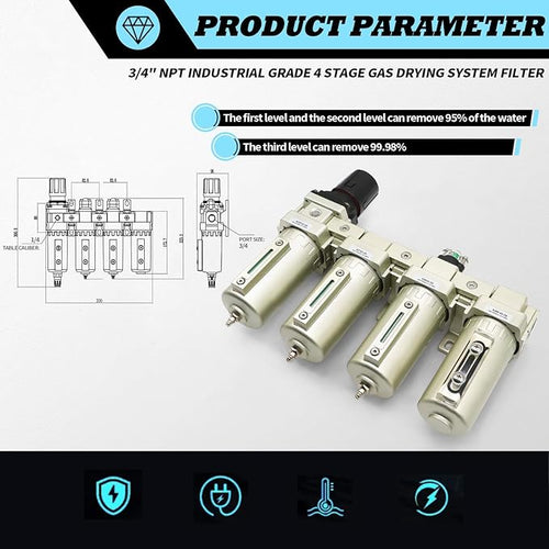 3/4" NPT Industrial Grade 4 Stage Gas Drying System, Coalescing Filter - Image 2