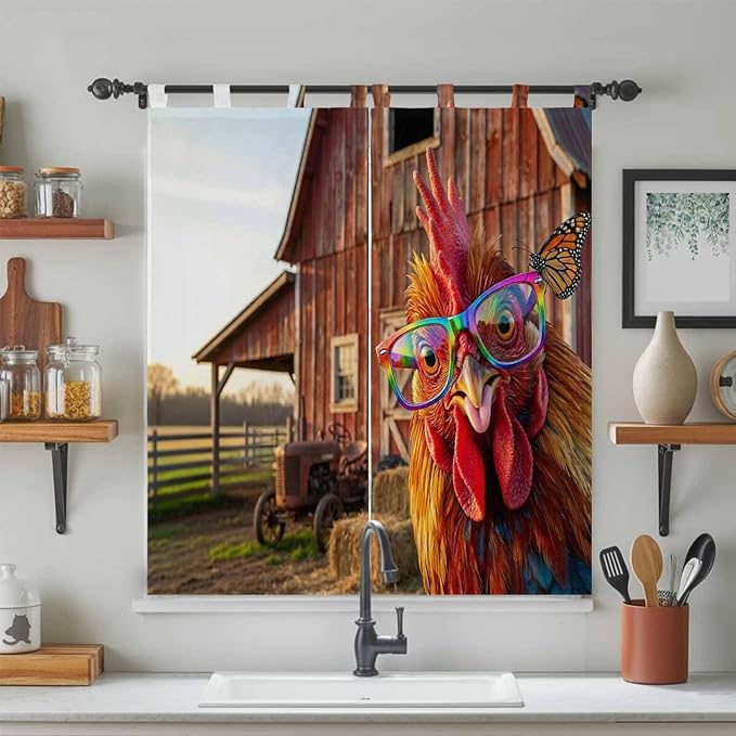 Farm Rooster Bathroom Curtains 63 Inch Length, Window Curtains Tab Top - Image 3
