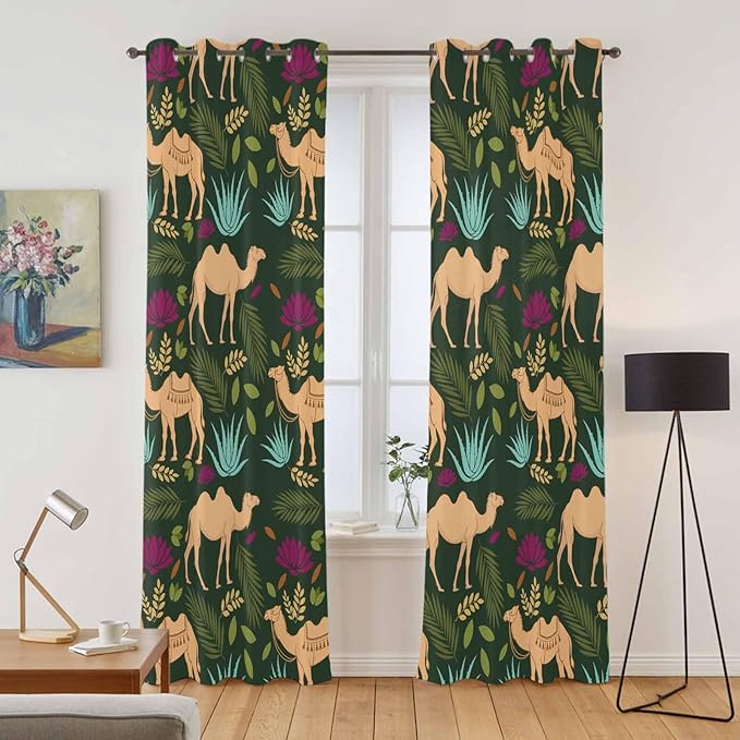 2 Panel Kitchen Cafe Curtains, Retro Desert Camel Sunlight Filtering Nature Air - Image 2