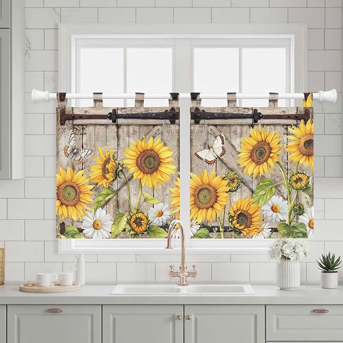 Farmhouse Sunflowers Kitchen Curtains 36 Inch Length, Small Window Curtains Tab - Image 3