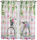 Spring Kitchen Curtains, Bicycles Leaves Butterfly Flowers Pink Buffalo Plaid by Unknown