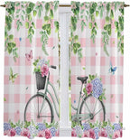 Spring Kitchen Curtains, Bicycles Leaves Butterfly Flowers Pink Buffalo Plaid by Unknown