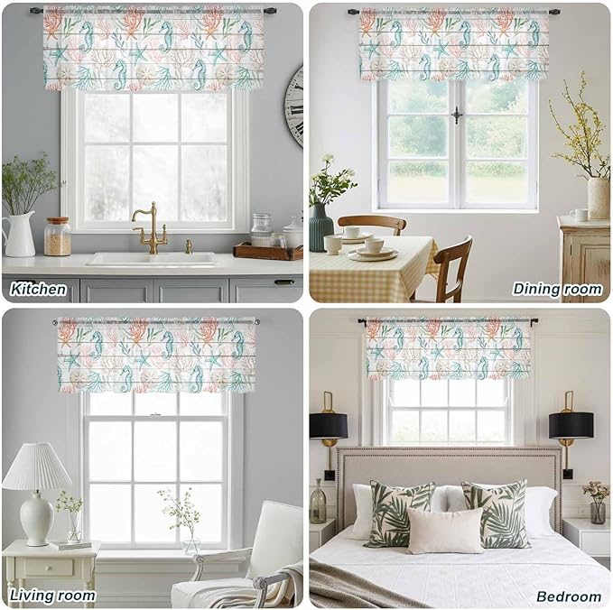 Teal Seahorse Starfish Sheer Valance Curtains, Summer Beach Coral Shell Board - Image 9
