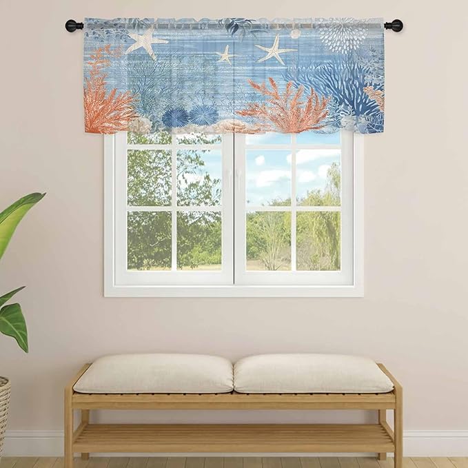 Ocean Corals Sheer Valance Curtains, Summer Beach Coral Sea Stars Blue Stripes - Image 4
