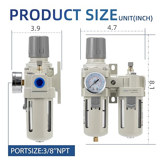 3/8" NPT Compressed Air Filter Regulator Lubricator Combination, Water/Oil Trap - Image 3