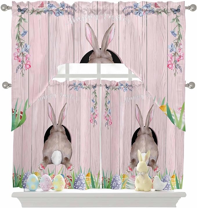 Swag Valance Curtains, Easter Cute Rabbit and Colorful Eggs Rod Pocket Valances - Image 9
