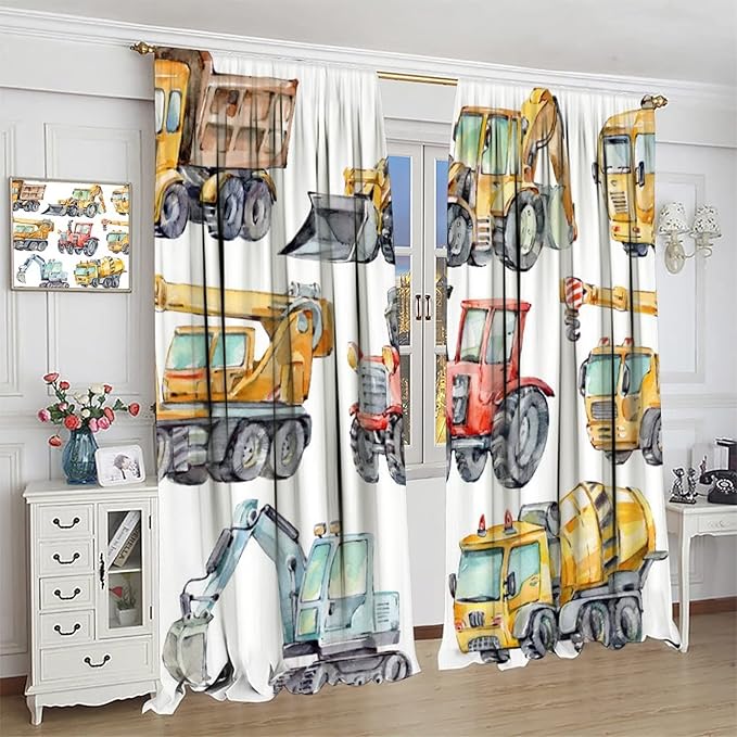 Kids Excavator Curtains, Retro Truck Tractor Machinery Construction Vehicle - Image 3