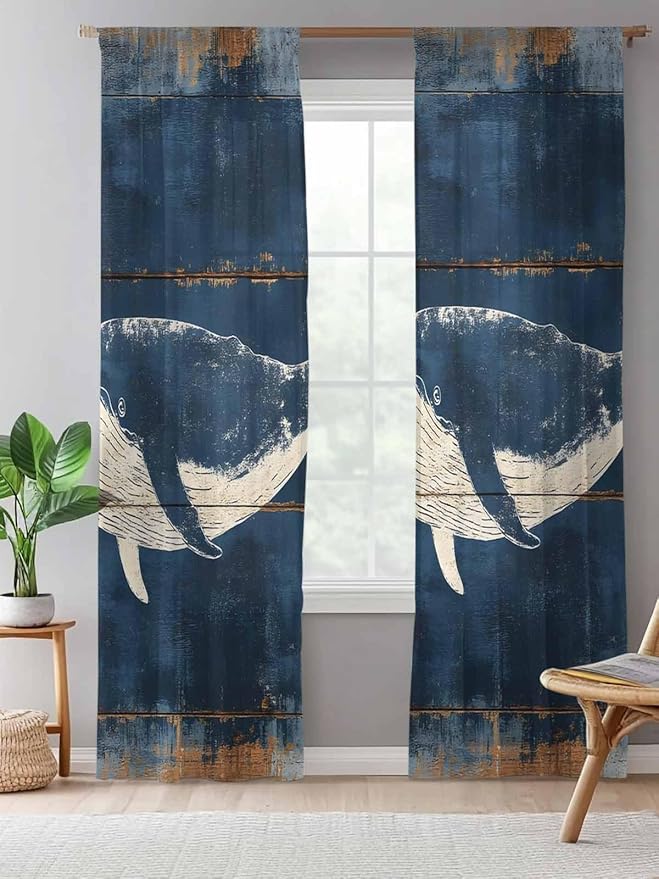 Sheer Curtains 84 Inches Long, Summer Whale Blue Semi Sheer Curtains Light - Image 5