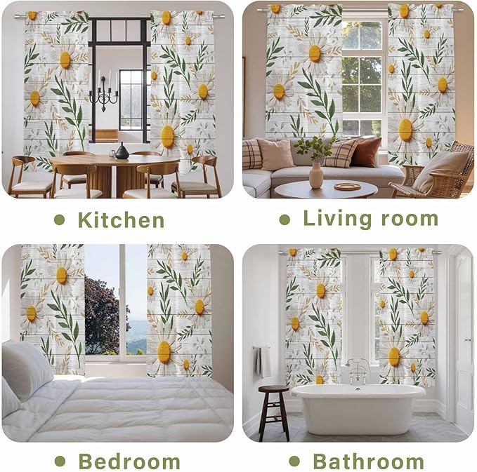 Spring Daisy Kitchen Curtains, Farmhouse Country Flower Leaf Plant Wood Grain - Image 8