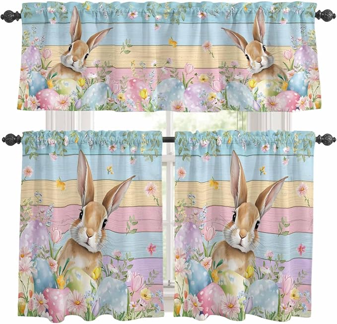 Kitchen Curtains Tiers and Valance Set of 3, Easter Light Filtering Window by Anzona