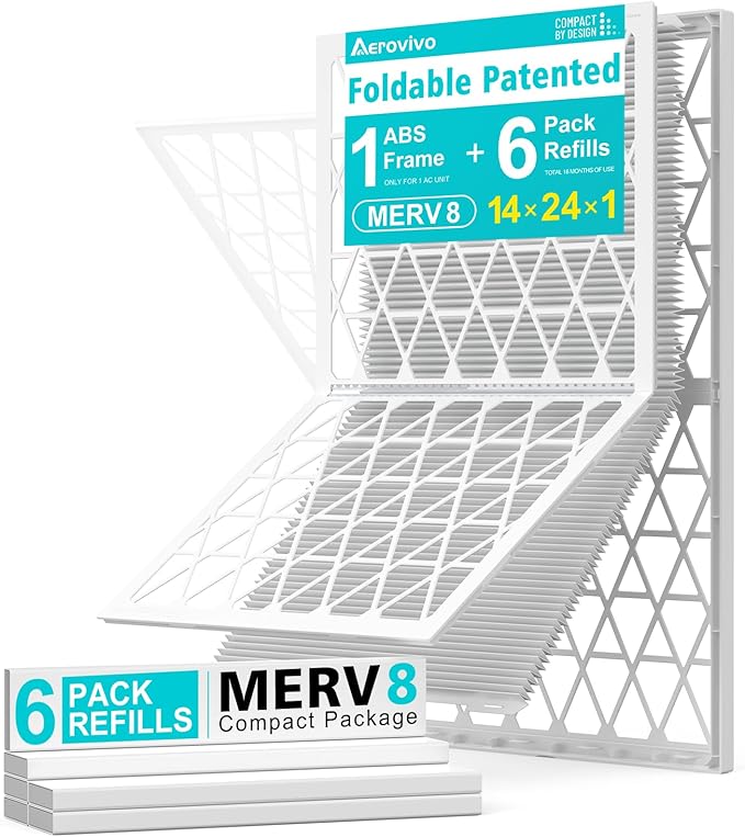 14x24x1 Refillable Air Filter Kit, MERV 8, 1 Reusable Foldable Frame ＆ 6 Refills by AErovivo