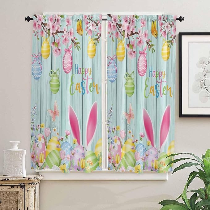 Happy Easter Bedroom Curtains 63 Inches length, Spring Bunny Eggs Flower Teal - Image 2