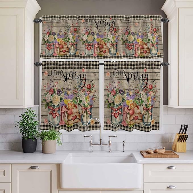 Spring Flowers Kitchen Curtain Set, Farmhouse Vintage Black Plaid Wood Grain - Image 3