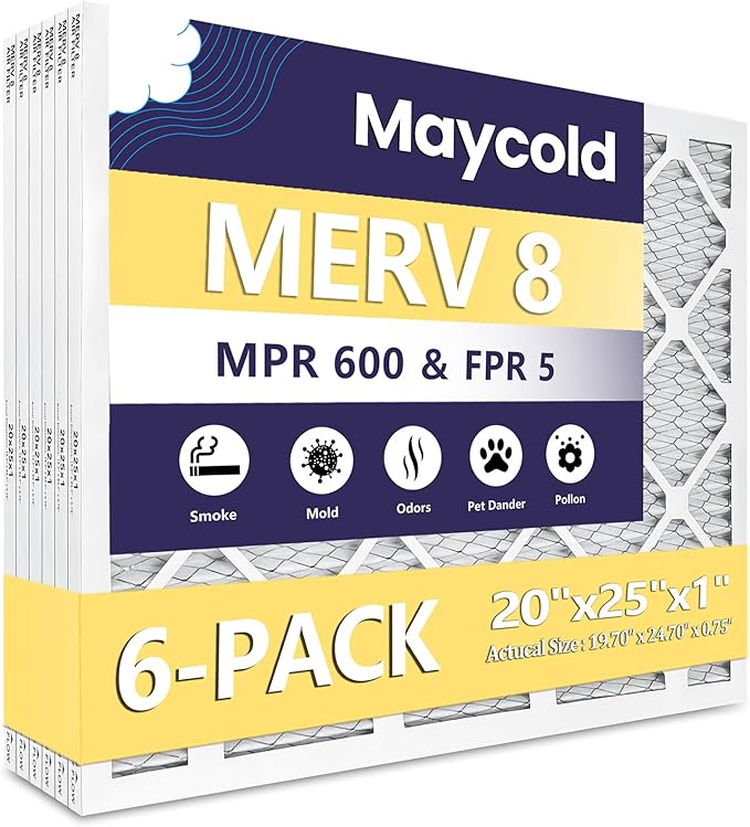 Maycold 20x25x1 MERV 8 Furnace Air Filters, Pleated HVAC AC Filter by Maycold