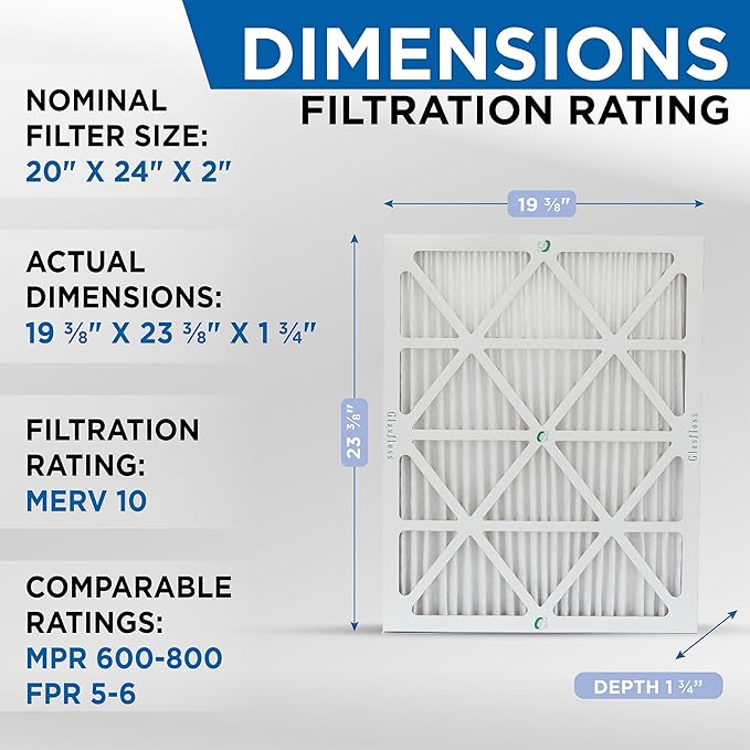 Glasfloss 20x24x2 MERV 10 2" Inch Pleated Air Filters Box of 6. Actual Size: - Image 2