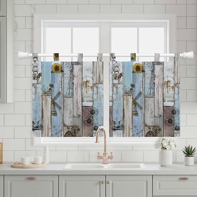Blue Grey Wooden Kitchen Curtains 24 Inch Length, Small Window Curtains Tab Top - Image 3