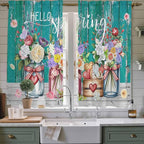 Spring Flowers Kitchen Curtains, Farmhouse Watercolor Teal Wood Grain Light - Image 2