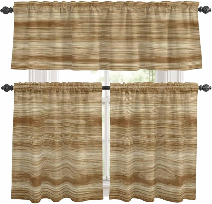 Kitchen Curtains Tiers and Valance Set of 3, Light Brown Wood Grain Light by Anzona