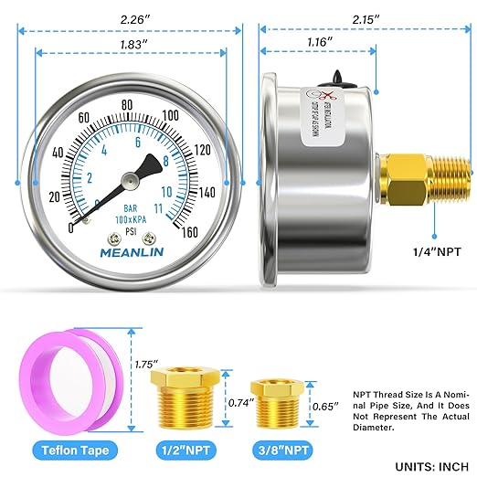 MEANLIN MEASURE 0~160Psi Dry Pressure Gauge Stainless Steel 1/4" NPT 2" FACE - Image 2