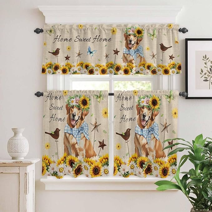 Kitchen Curtains Tiers and Valance Set of 3, Sunflowers Dog Light Filtering - Image 2