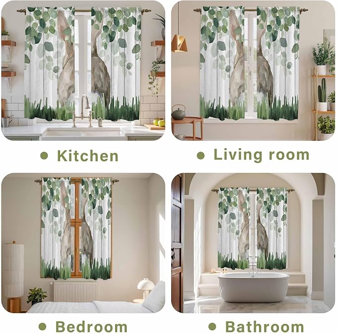 Easter Kitchen Curtains, Country Rabbit Botanical Leaves Wooden Grain Light - Image 8