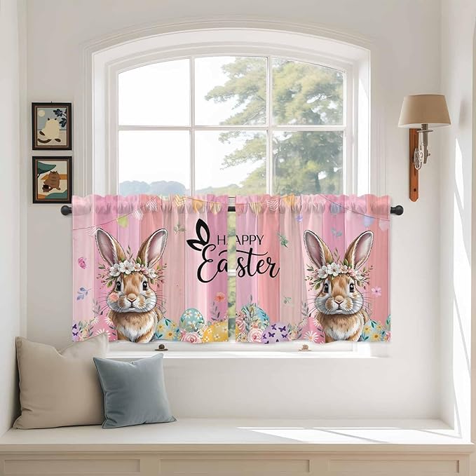 Easter Tier Curtains, Spring Rabbit Eggs Flowers Flags Leaves Wood Grain Light - Image 3