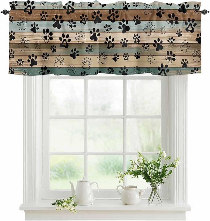 Dog Paws Valance Curtains for Kitchen, Teal Brown Wood Grain Privacy Rod Pocket by LaBLUUX