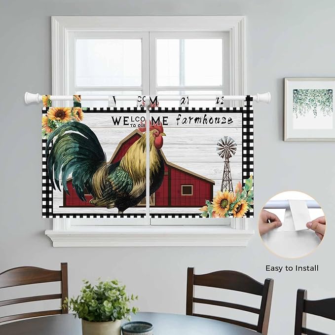 Farmhouse Rooster Kitchen Curtains 36 Inch Length, Small Window Curtains Tab Top - Image 4