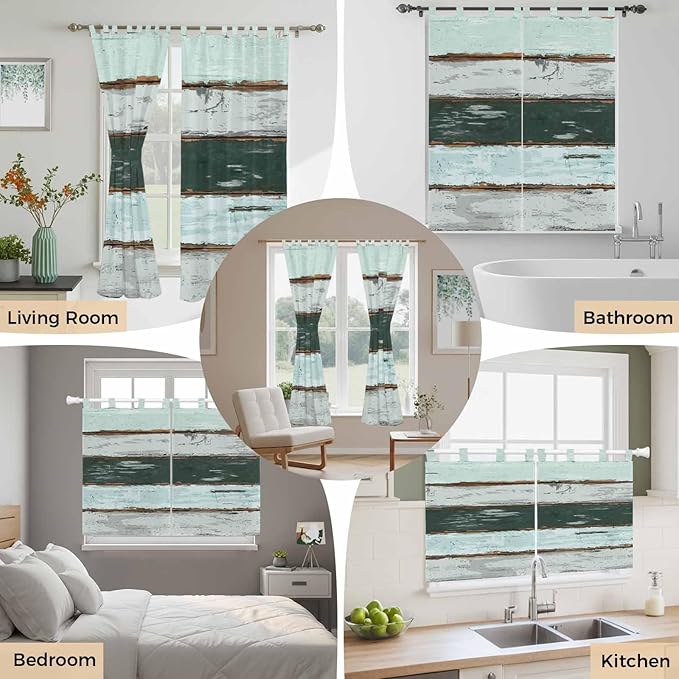 Blue Teal Kitchen Curtains 45 Inch Length, Short Cafe Window Curtains Tab Top - Image 7