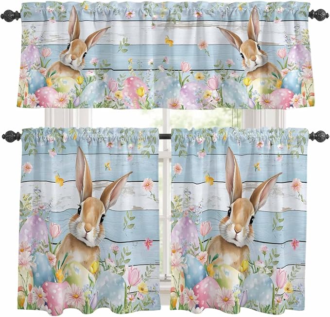 Kitchen Curtains Tiers and Valance Set of 3, Easter Light Filtering Window by Anzona