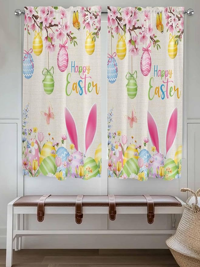 Happy Easter Bedroom Curtains 63 Inches length, Spring Farmhouse Bunny Eggs - Image 4
