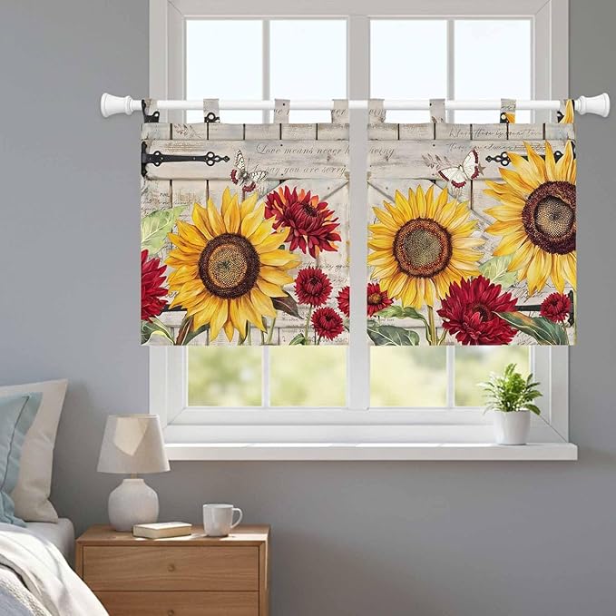 Red Yellow Sunflowers Kitchen Curtains 36 Inch Length, Small Window Curtains - Image 9