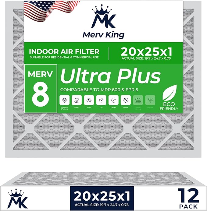 MervKing 20x25x1 Air Filter Actual Size: 19.7" x 24.7" x 0.75" MERV 8 MPR by MervKing