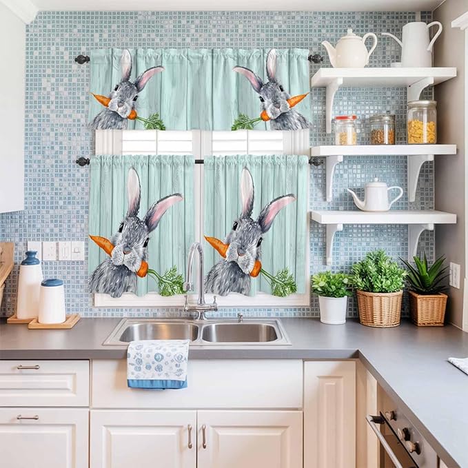 Easter Kitchen Curtain Set, Spring Rabbit Botanical Carrots Green Wooden Grain - Image 6