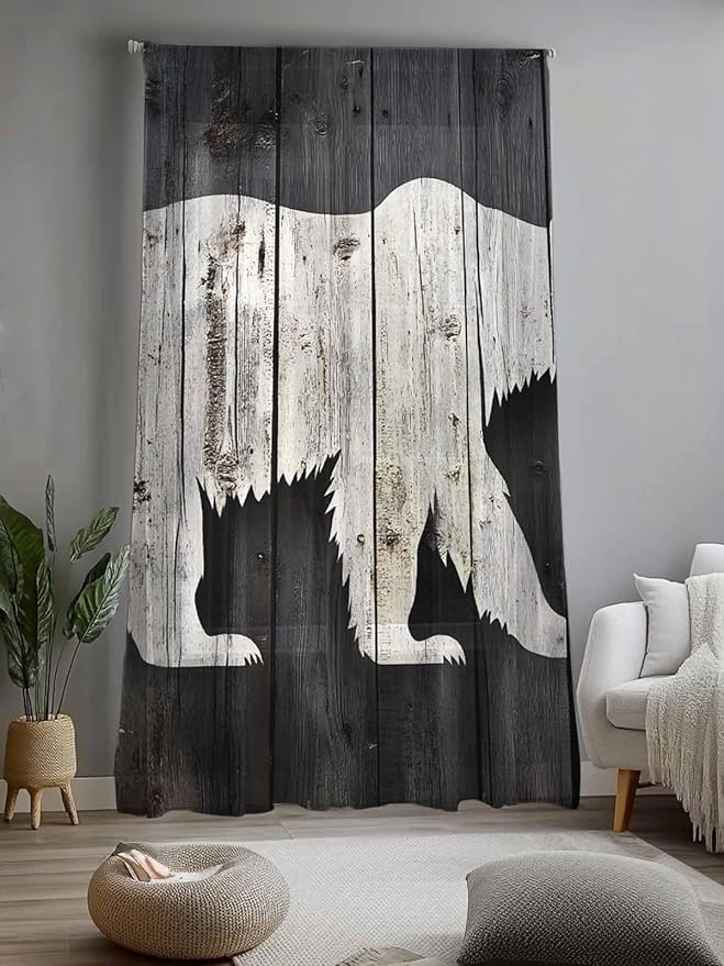 Sheer Curtains 96 Inches Long, Farmhouse Country Rustic Wooden Grain Privacy - Image 2
