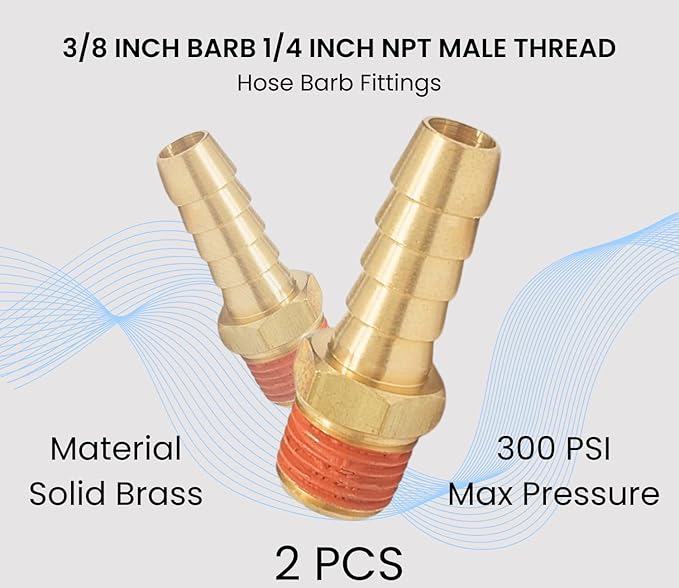 2 Pack Brass Air Hose Barb Fittings Adapter Set, 3/8 Inch Barb to 1/4 Inch NPT - Image 3