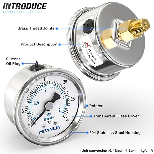MEANLIN MEASURE 0~30Psi Dry Low Pressure Gauge Stainless Steel 1/8" NPT 2" FACE - Image 4