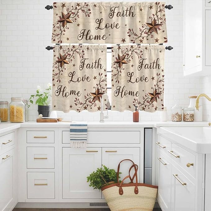 Kitchen Curtains Tiers and Valance Set of 3, Retro Country Stars Rustic - Image 3