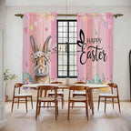 Easter Kitchen Curtains, Spring Rabbit Eggs Flowers Flags Leaves Wood Grain - Image 2
