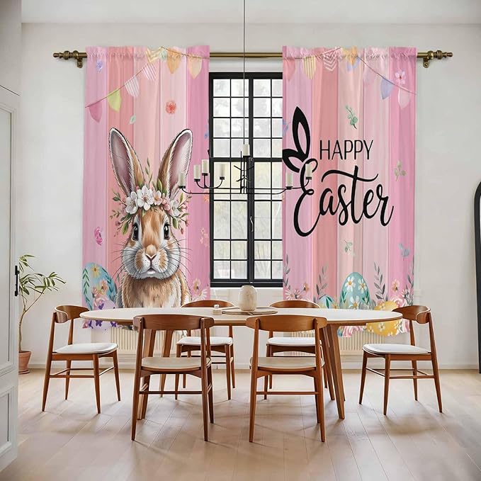 Easter Kitchen Curtains, Spring Rabbit Eggs Flowers Flags Leaves Wood Grain - Image 2